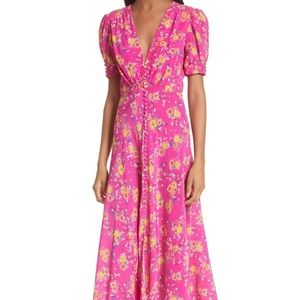 Saloni Lea Shocking Pink Floral Silk Midi Dress 10